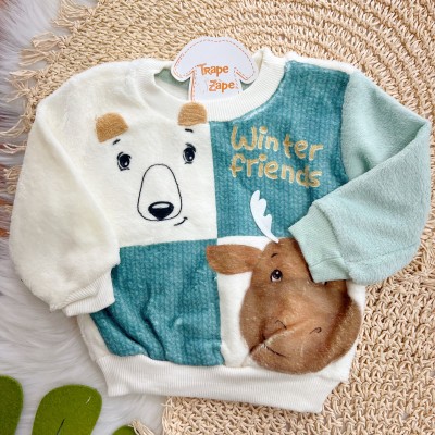 Conj. Casaco Winter Friends e Calça de Pelinho - Verde e Off White